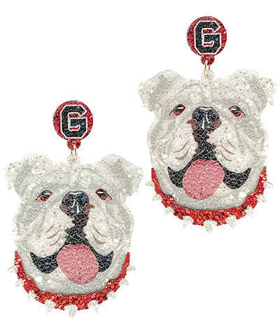 SEC UGGA Gameday Georgia Bulldog Earrings Close up Headshot Athens, Ga